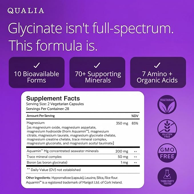 Qualia Magnesium Supplement | 10 Bioavailable Forms, Including Magnesium Glycinate, with 70+ Supporting Minerals, +7 Amino Acids | Doctor-Formulated to Support Sleep, Stress Relief, Heart, Relaxation