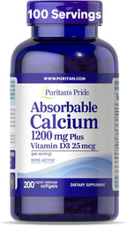 Puritan's Pride Absorbable Calcium 1200 mg Plus Vitamin D3 25mcg 1000 IU with Bone-Active™, 200 Rapid Release Softgels