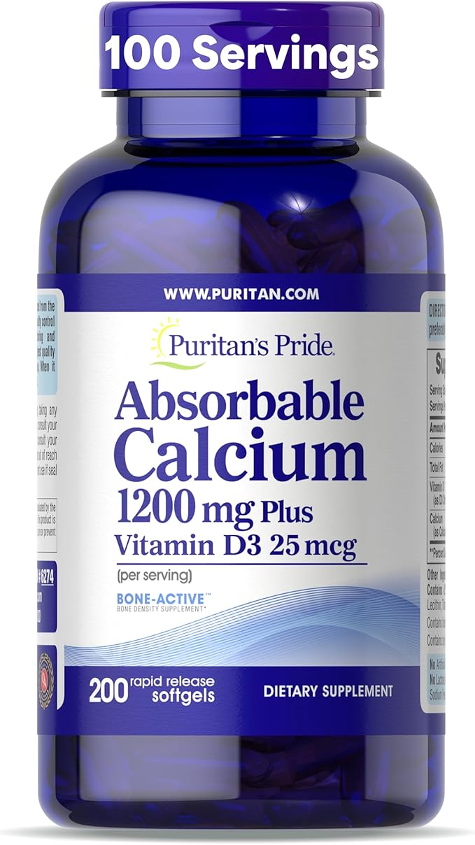 Puritan's Pride Absorbable Calcium 1200 mg Plus Vitamin D3 25mcg 1000 IU with Bone-Active™, 200 Rapid Release Softgels