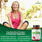 Zazzee D-Mannose, 1000 mg per Serving, 180 Vegan Capsules, 3 Month Supply, Potent & Fast-Acting, Certified Kosher, 100% Pure, All-Natural Urinary Tract Health Support, 100% Vegetarian, Non-GMO
