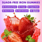 softbear Iron Gummies for Women & Men & Kids, Chewable Iron Supplements with Vitamin C,B3,B5,B6,B12 Supports Immune System, Energy & Vitality, Sugar-Free/Vegan, Strawberry Flavor 60 Count