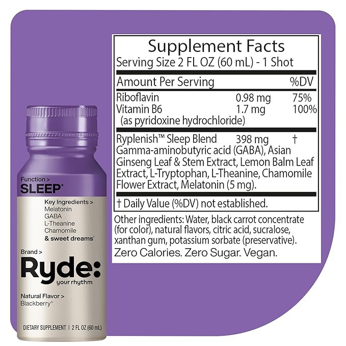Ryde: SLEEP | 2oz Sleep Shot for Occasional Use | Melatonin, GABA, L-Theanine & Chamomile | Blackberry Natural Flavor | Sugar-Free, Zero Calories, Vegan | Manufactured in USA (24 Pack)