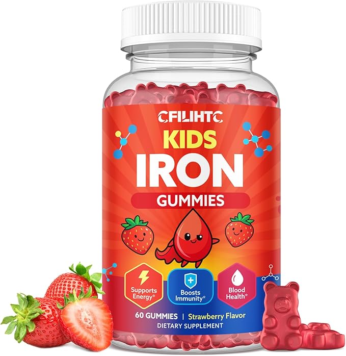 Iron Gummies for Kids & Teens, Kids Multivitamin with Iron Supplement, Calcium, Folate, Zinc, Prebiotic - for Blood Builder & Energy Support, Iron Deficiency - Vegan & Non-GMO - 60 Count Strawberry