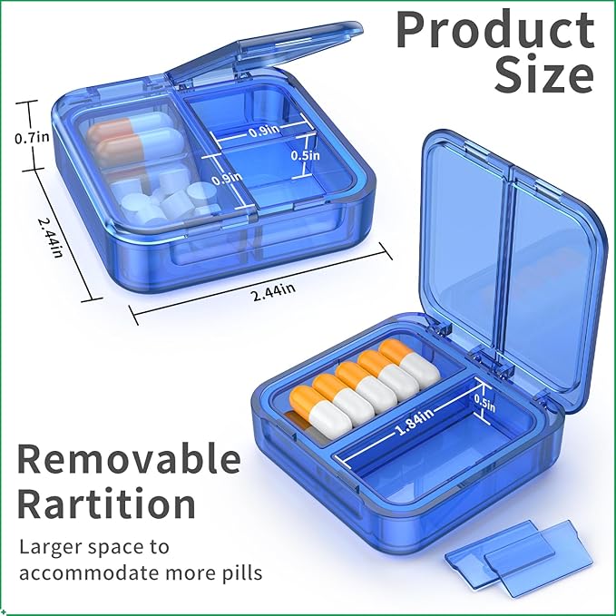 Small Pill Box,4 Compartments Travel Pill Case, Portable Pill Organizer,Mini Pill Container for Pocket,Daily Compact Travel Medicine Holder for Vitamins Fish Oil and Supplement Storage(Blue+Black)