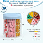 Hionxmga Pill Dispenser with 7 Large Compartments, 4.4" H x 3.6" Dia Pill Bottle Organizer for Travel, Supplement Organizer with Anti-Mixing Design, BPA-Free Pill Container with 20 Pcs Labels, Blue