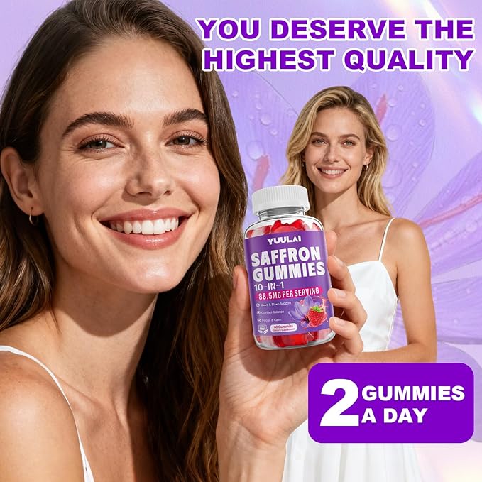 Saffron Gummies, 10-in-1 Saffron Supplements for Kids & Adults with 88.5mg Saffron Extract, for Emotions, Zzz, Sugar Free, Raspberry Flavor, 60 Count