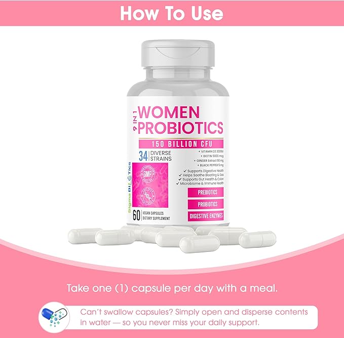 Women's Probiotics 150 Billion CFU – 34 Strains with Organic Prebiotics & Digestive Enzymes – Urinary Tract & Digestive Health – 60 Vegan Capsules with D3 and Biotin – Gluten-Free, Non-GMO, Dairy-Free