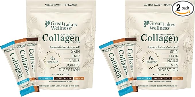 Great Lakes Wellness Collagen Peptides Powder for Skin, Hair, Nails, Joints & Digestion - Variety Flavors - Quick Dissolve Hydrolyzed, Non-GMO, Kosher - 6 Sticks - Packaging May Vary (Pack of 2)