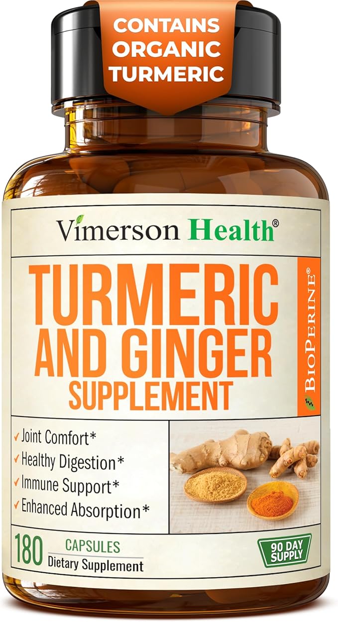Turmeric Curcumin Supplement with Ginger Root for Joint Support, Digestive & Gut Health - Contains Organic Turmeric Curcumin with Black Pepper (Bioperine) for Enhanced Absorption - 180 Capsules