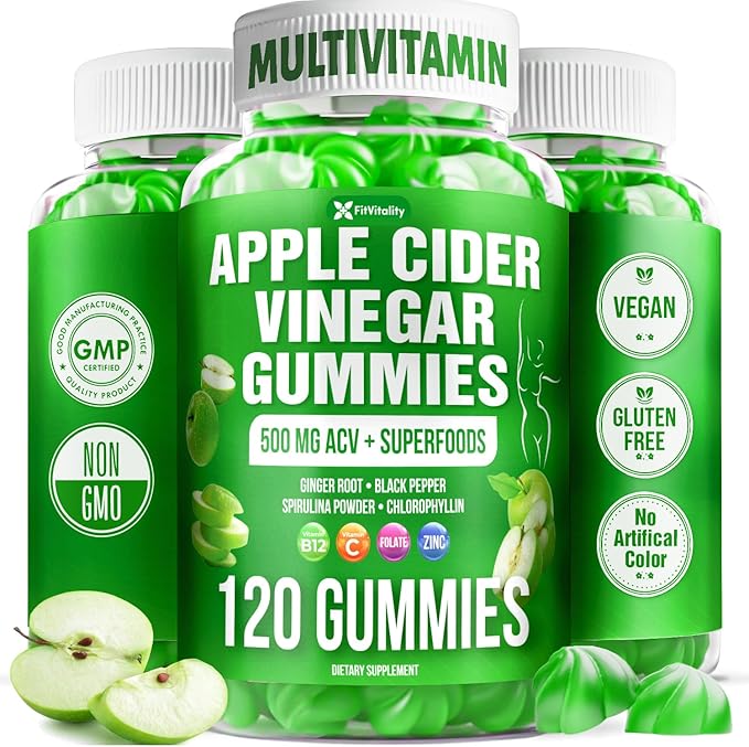 120 Premium Apple Cider Vinegar (ACV) Gummies, Formulated with Vitamin B12, Zinc, Ginger & Vitamin C,120 | Vegan - Gluten Free - Non GMO