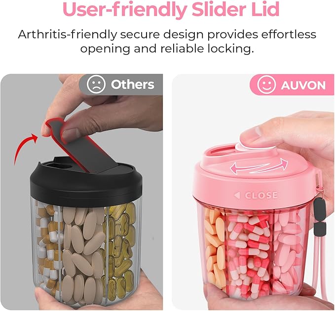 AUVON Large Pill Dispenser Can Store 7 Various Supplements, Travel Pill Organizer Bottle with Anti-Mix Design, Arthritis-friendly Pill Holder with Wide Opening & Slider Lid, Includes 20 Blank Stickers