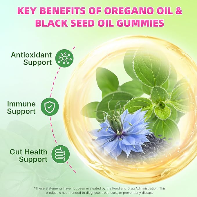 Oil of Oregano with Black Seed Oil, 2-in-1 Black Seed Oil Supplement for Women & Men Support Antioxidant Health, Sugar Free & Vegan Raspberry Herbal Gummies, 60 Count