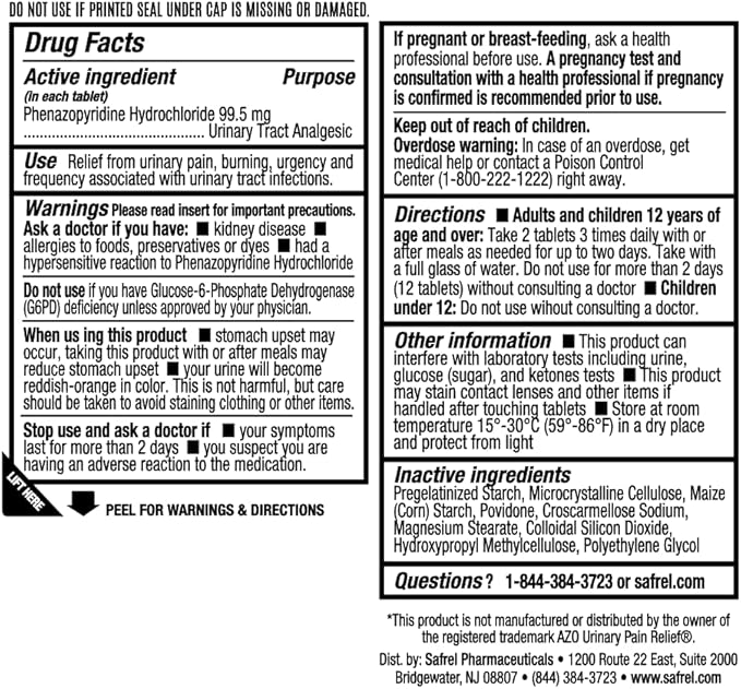 Safrel Urinary Pain Relief | UTI Relief | Fast Acting | Bladder Discomfort & Pain Relief | Phenazopyridine Hydrochloride 99.5mg (28 Count)