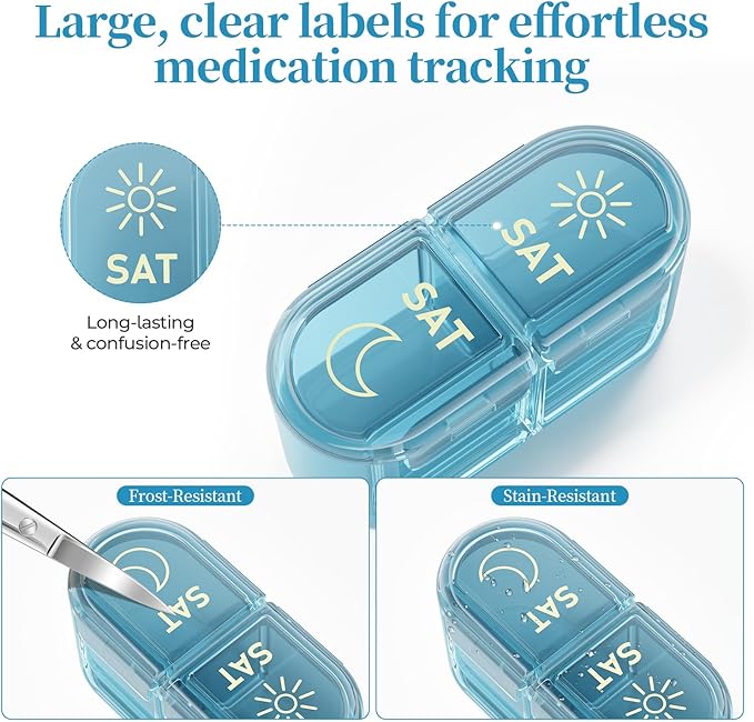 Betife AM PM Pill Organizer 7 Day, Weekly Pill Organizer 2 Times a Day, Daily Pill Box AM PM, Portable Travel Medicine Case, Day Night Pill Container for Medication, Vitamin or Supplement（Ocean Blue）