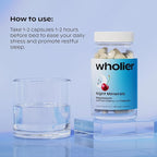 wholier Magnesium Glycinate, L-Theanine, Tart Cherry Juice. Natural Support for Sleep, Stress + Relaxation. Melatonin-Free. Night Minerals. (60 Vegan Capsules) Glass Bottle
