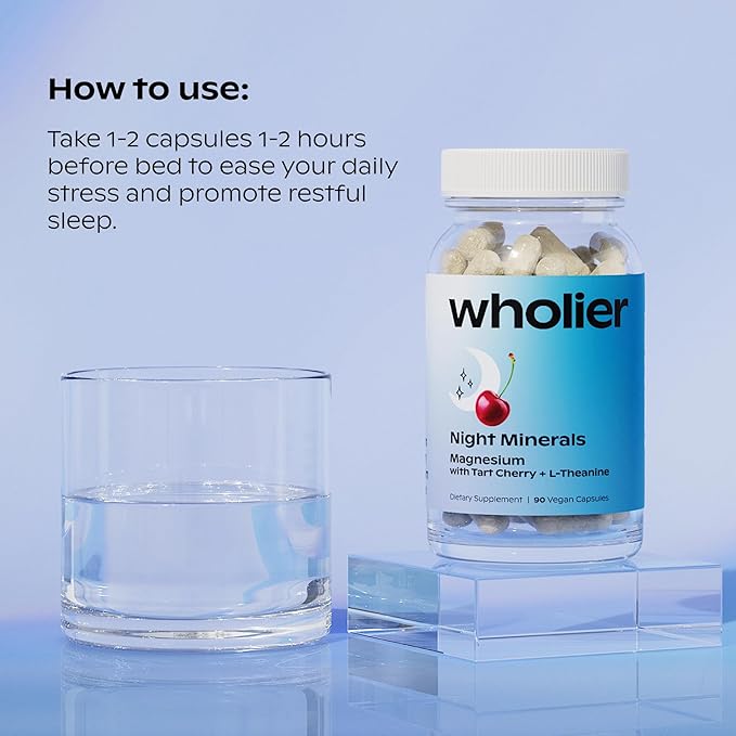 wholier Magnesium Glycinate, L-Theanine, Tart Cherry Juice. Natural Support for Sleep, Stress + Relaxation. Melatonin-Free. Night Minerals. (60 Vegan Capsules) Glass Bottle