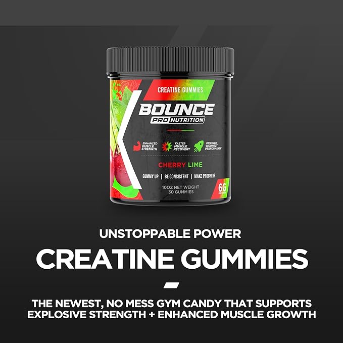 Bounce Pro Creatine Monohydrate Gummies for Men & Women, Low Calorie, 6G of Creatine per Serving, Vegan, Anti-Melting, Gluten-Free, Non-GMO, 2g of Creatine per Gummy (51ct, Cherry Lime)