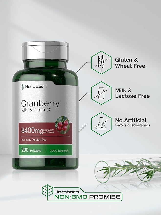 Horbäach Cranberry Pills for Women and Men | 200 Softgels | Extract Supplement with Vitamin C | Non-GMO, Gluten Free