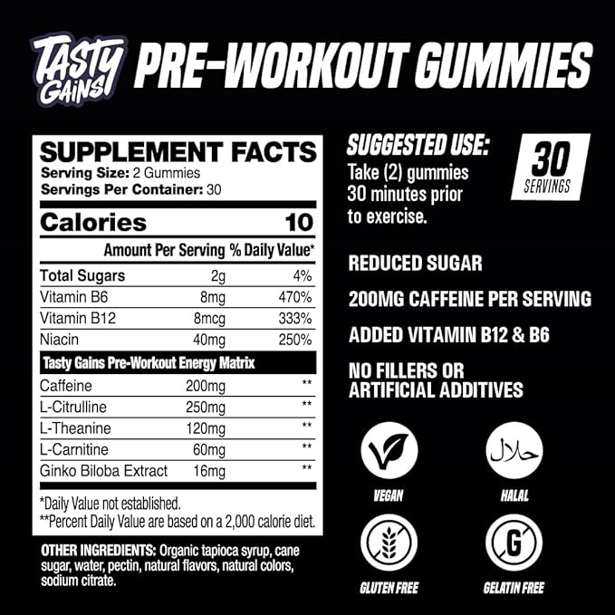 TASTY GAINS - Pre-Workout Gummies – Energy & Focus Boost, Caffeine Gummies for Men & Women, 200mg of Caffeine, Fat-Burning Preworkout for Strength & Endurance (60, Pineapple Mango)