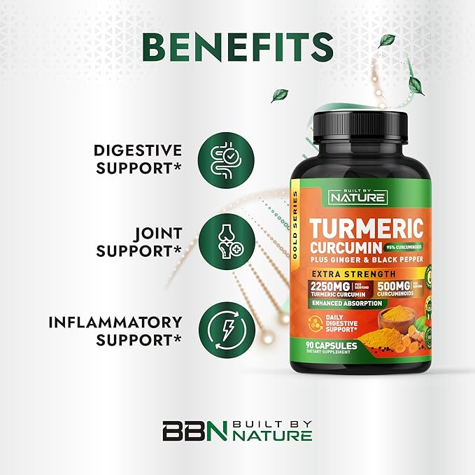 Built by Nature Turmeric Curcumin 2250mg – 95% Curcuminoids with Ginger & Black Pepper for High Absorption – Extra Strength Joint Support – Non-GMO, Vegan - 90 Capsules