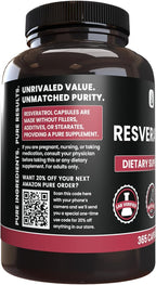 PURE ORIGINAL INGREDIENTS Resveratrol, (365 Capsules) No Magnesium Or Rice Fillers, Always Pure, Lab Verified