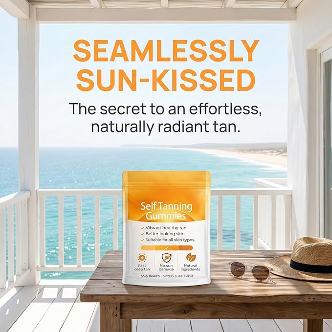 Tanning Gummies, Sunless Tanning Supplement with Astaxanthin, Beta-Carotene, Vitamin C, Turmeric + Mango Extract | Nourishes Skin & Improves Sleep | Vegan & Sugar Free - 60 Count
