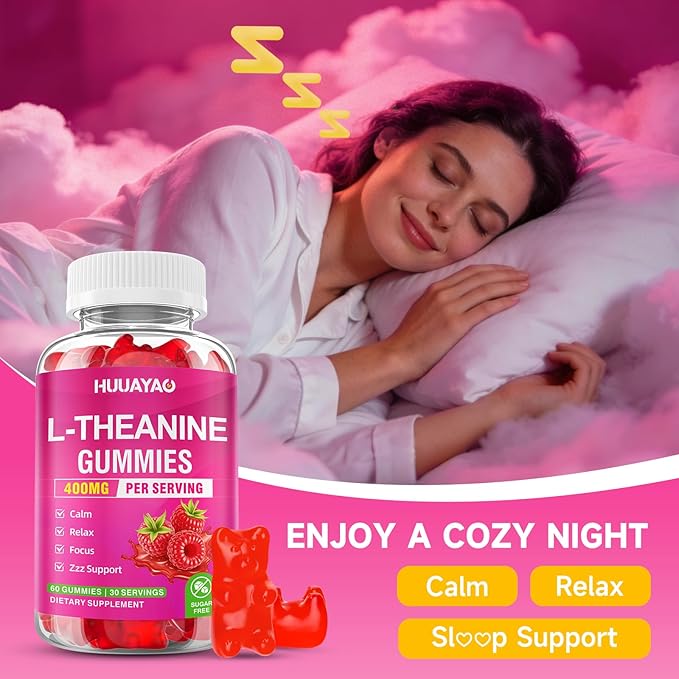 L-Theanine Gummies 400mg, L-Theanine Supplement for Kids & Adults with Ashwagandha, GABA, 5HTP for Calm, Zzz & Relaxation Support, Raspberry Flavor, 120 Counts
