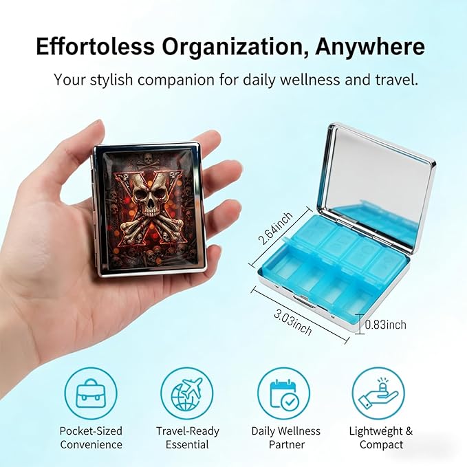 Weekly Pill Organizer, Metal Pill Box with 8 Compartments, Small Travel Pill Case for Purse Pocket, Medicine Vitamin Supplement Organizer (Blood Skull X)