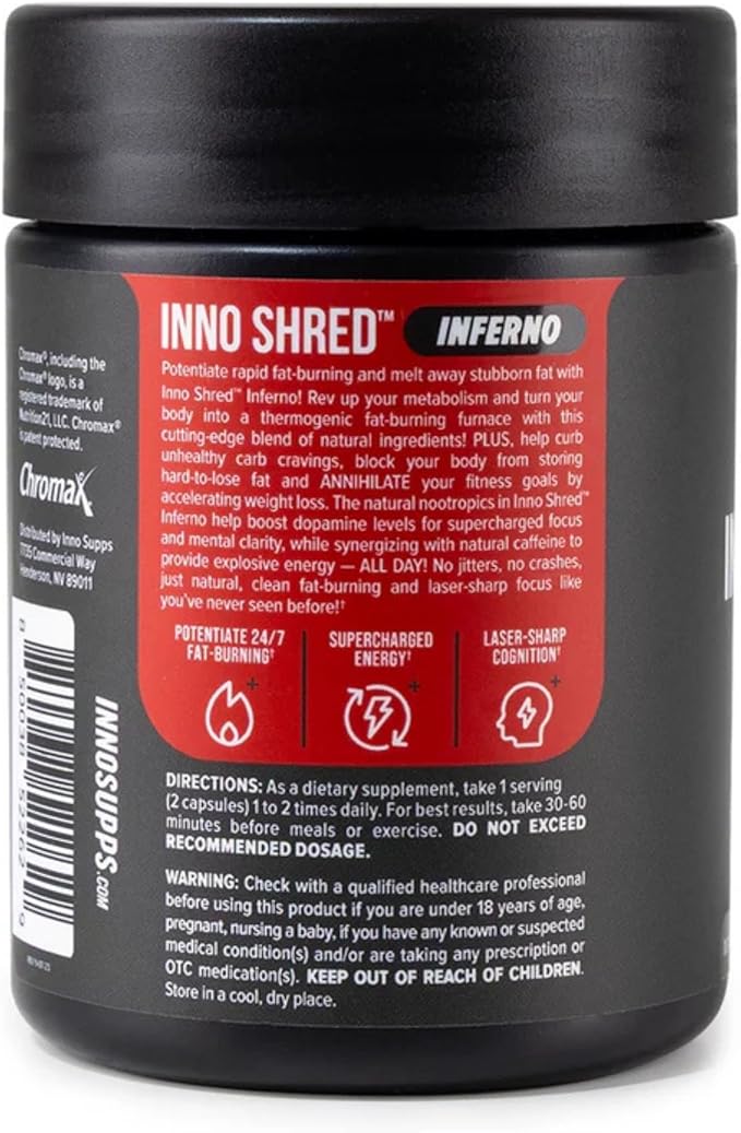 Inno Shred Inferno Thermogenic Fat Burner for Men & Women - Appetite Suppressant, Energy & Metabolism Support with MitoBurn, Paradoxine, Chromax, Green Tea - 60 Capsules, 30 Servings