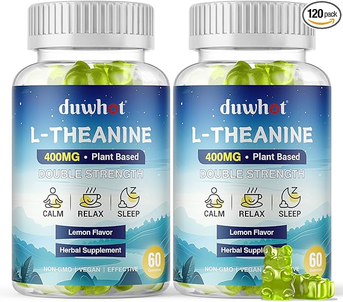 duwhot L Theanine Gummies, 200/400mg L-Theanine Supplement for Adults & Kids, Natural Stress Relief, Relaxation, Zzz & Focus Support Gummy,Organc,Vegan, Low Sugar,Non-Drowsy,Lemon Flavor,120 Chewables