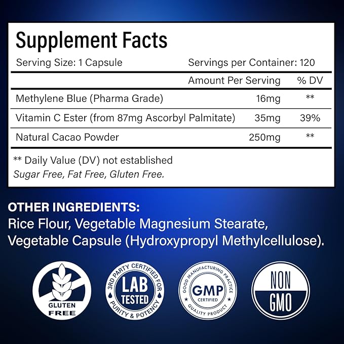 FloraBliss 120 Methylene Blue Capsules (16 mg per Capsule) - Formulated with Natural Cacao (250 mg) and Vitamin C Ester (35 mg) for Added Support, 120-Day Supply | Vegan, Non-GMO, Gluten-Free