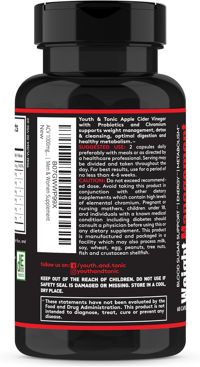 Youth & Tonic Weight Management Carb Matrix Support for Appetite Suppressant, Hunger Control, Metabolism Booster, Natural Detox & Gut Cleanse for Women & Men, 60 Pills w/ACV, Glucomannan, Chromium