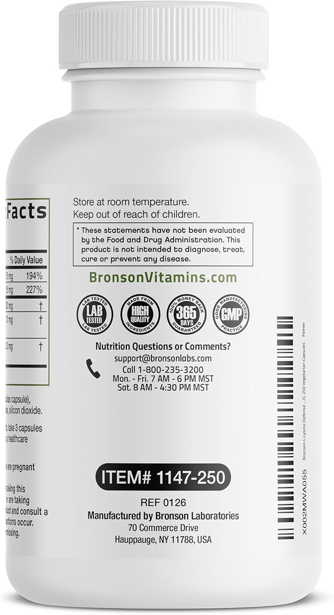 Bronson L-Lysine Defense Immune Support Complex 1500 MG L-Lysine Plus Olive Leaf, Garlic, Vitamin C and Zinc - Non-GMO, 250 Vegetarian Capsules
