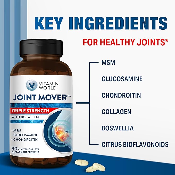 Vitamin World Triple Strength Joint Mover, Glucosamine Chondroitin with MSM Joint Support Supplement, Collagen & Boswellia Serrata Extract, Support Joint Strength, Comfort & Flexibility, 90 Caplets