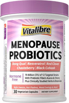 Vitalibre Menopause Probiotics for Women 70 Billion CFU, 12 Targeted Strains, Organic Prebiotics, Black Cohosh Resveratrol Red Clover Chasteberry Dong Quai, Hot Flash Night Sweat+, No Estrogen, 30 Ct