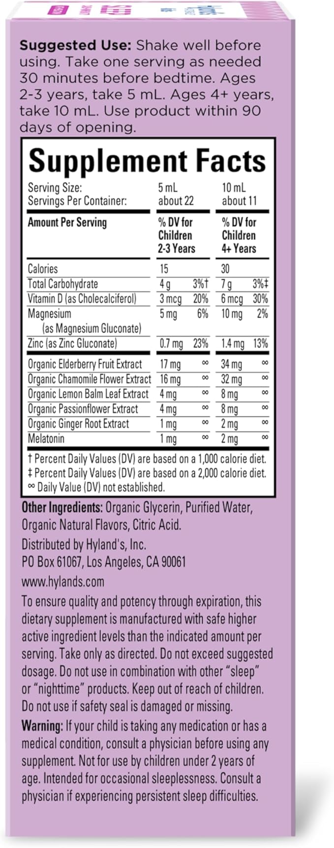 Hyland's Kids Sleep Calm & Immunity with Melatonin, Sugar-Free Sleep Aid Liquid with Magnesium, Vitamin D, Zinc & Elderberry, Promotes Sleep & Supports Immune Health, Ages 2+, Grape Flavor, 4 Fl. Oz.