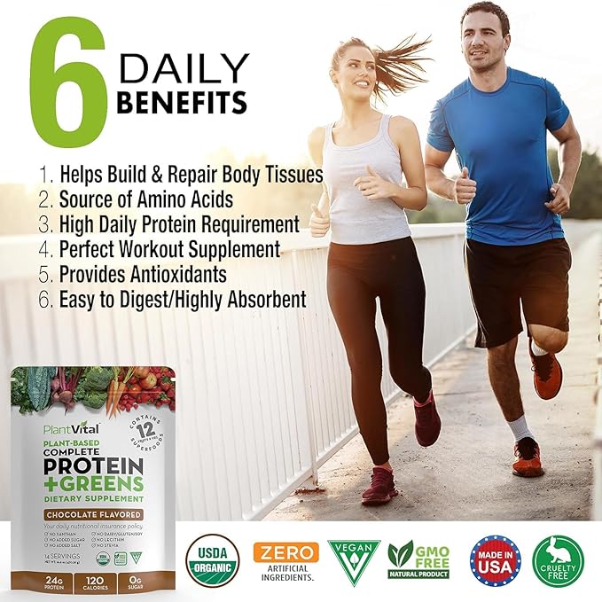 PlantVital Vegan Protein Powder Plant Based, Organic Protein Powder Chocolate, 24g/0g sugar, 12 Superfoods, Veggies, Probiotics, Raw Cocoa, Kale, Beets, Spirulina, Pea, Gluten-Free, Keto-Friendly,16oz