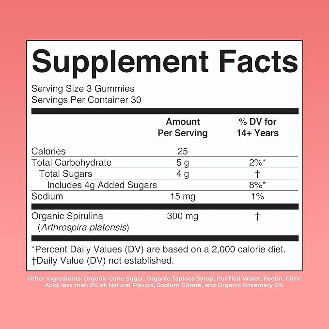 MARYRUTH'S Spirulina Gummies Made with Organic Spirulina | Superfood Gummies for Ages 14+ | Antioxidant | Vegan | Non-GMO | Pectin-Based | Gluten Free | 90 Count