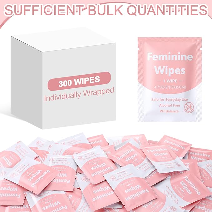 300 Pieces Feminine Wipes Individually Wrapped Women Travel Size Bulk Unscented Intimate Wipes Mild Private Parts Ph Balanced for Travel Bathroom Toilet Daily(Pink)