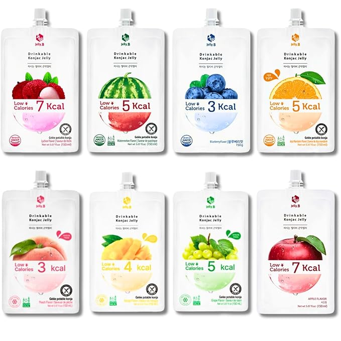 Drinkable Konjac Jelly B Pouches 8 Flavor Variety (16 Pack) | 0 Gram Sugar, Only 3-7 Calories | Healthy Dietary Supplement | Korean Diet Drink | Low Carb & Low Calorie Snacks (Flavors May Vary) 150ml