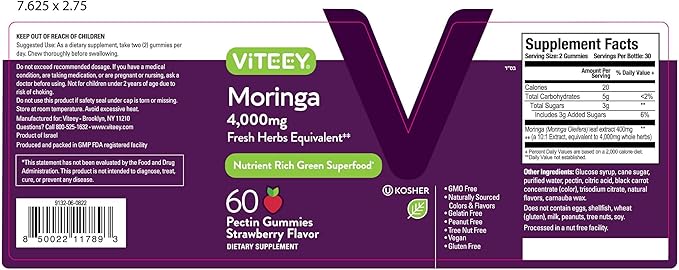 Viteey Moringa Gummies - 4,000mg [from 400mg of 10:1 Extract] of Moringa Supplement Super Greens Gummies - Antioxidant Wellness and Digestive Support - Vegan, Gluten Free - 60 Count