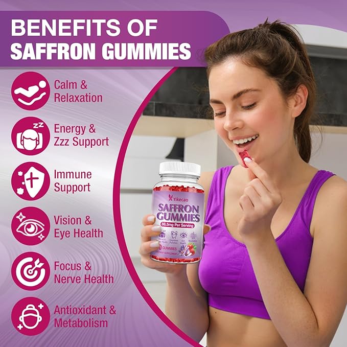 Saffron Supplements Gummies, 88.5mg Extract with Vitamin D3, B6, Magnesium, Ashwagandha, L-Theanine, Sugar-Free, Strawberry Flavor, 60 Count