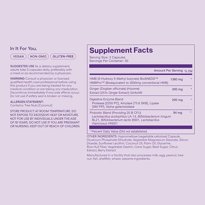 AONIC 3-in-1 GLP-1 Companion Supplement - HMBPro™ to Support Maintenance of Lean Muscle, probiotic and Enzyme Blend to Support Digestion, Ginger Extract to Help Reduce Nausea and Bloating (90 Caps)