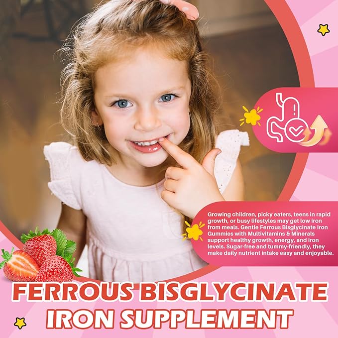 Iron Supplement Gummies for Kids with Multivitamin, Calcium, Zinc, Folate - Kids Iron Gummies Support Immune, Blood Builder, Iron Deficiency, Anemia & Energy - Vegan, Strawberry 60 Count