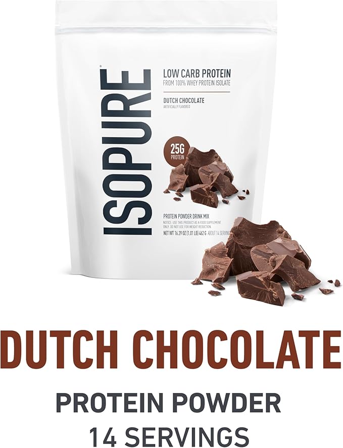 Isopure Bundle of Low Carb 100% Pure Whey Isolate Protein Powder, Dutch Chocolate, 25g Protein Per Serving, 1 Lb, 15 Servings + Isopure 100% Pure Creatine Monohydrate Powder, 100 Servings