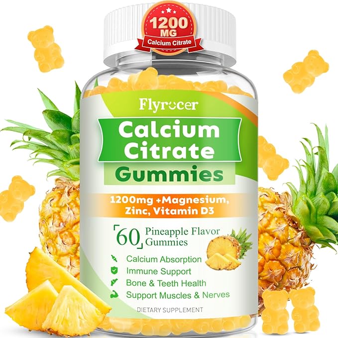 Calcium Citrate Gummies - Chewable Calcium Gummies for Bone, Muscle, Teeth, Immune Support, High Absorption Calcium Supplements for Women & Men Sugar Free Pineapple Flavor 60 Count