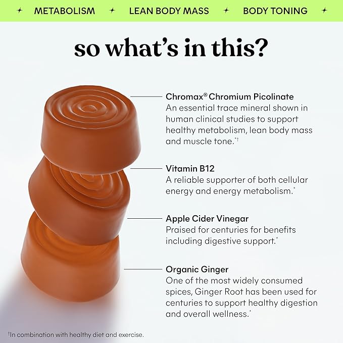 Lemme Tone Metabolism Gummies, Apple Cider Vinegar, Clinically Studied Chromium, B12, Ginger Root Extract, Promote Lean Body Mass, Watermelon Apple Flavor (30 Day Supply)