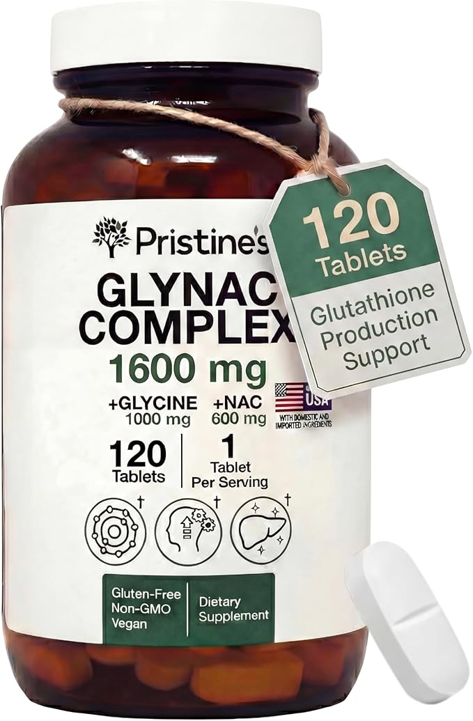 PRISTINE'S Supplement GlyNAC Complex Large Size Tablet 1600MG Glutathione Production - 3rd Party Tested Anti Aging, Sleep & Cognitive Support - Glycine & NAC Gluten Free Non GMO USA Made Glass Bottle