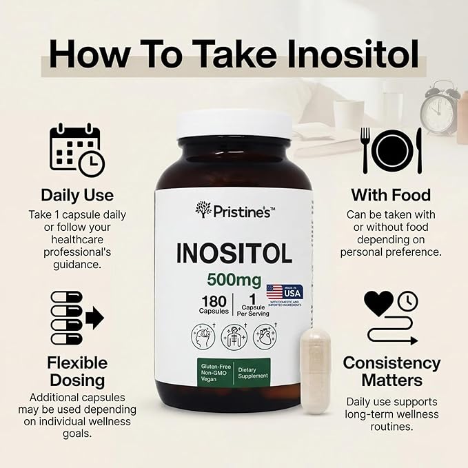 PRISTINE'S Myo Inositol PCOS Supplement Capsules - 500mg 180 Day Supply - Vegan, Gluten Free, Non GMO