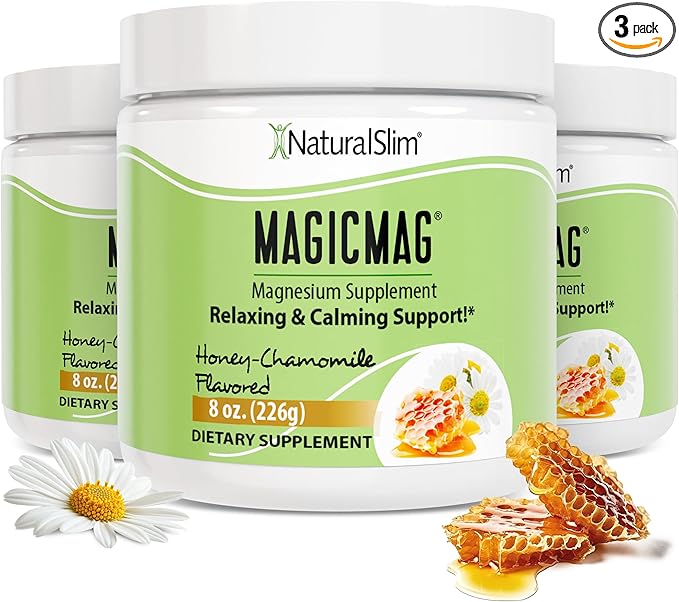 NaturalSlim Magicmag Pure Magnesium Citrate Powder Stress, Constipation, Muscle, Heart Health, and Sleep Support | Honey Chamomile Flavored Magnesium Supplement - 8oz Drink Mix (3 Pack)